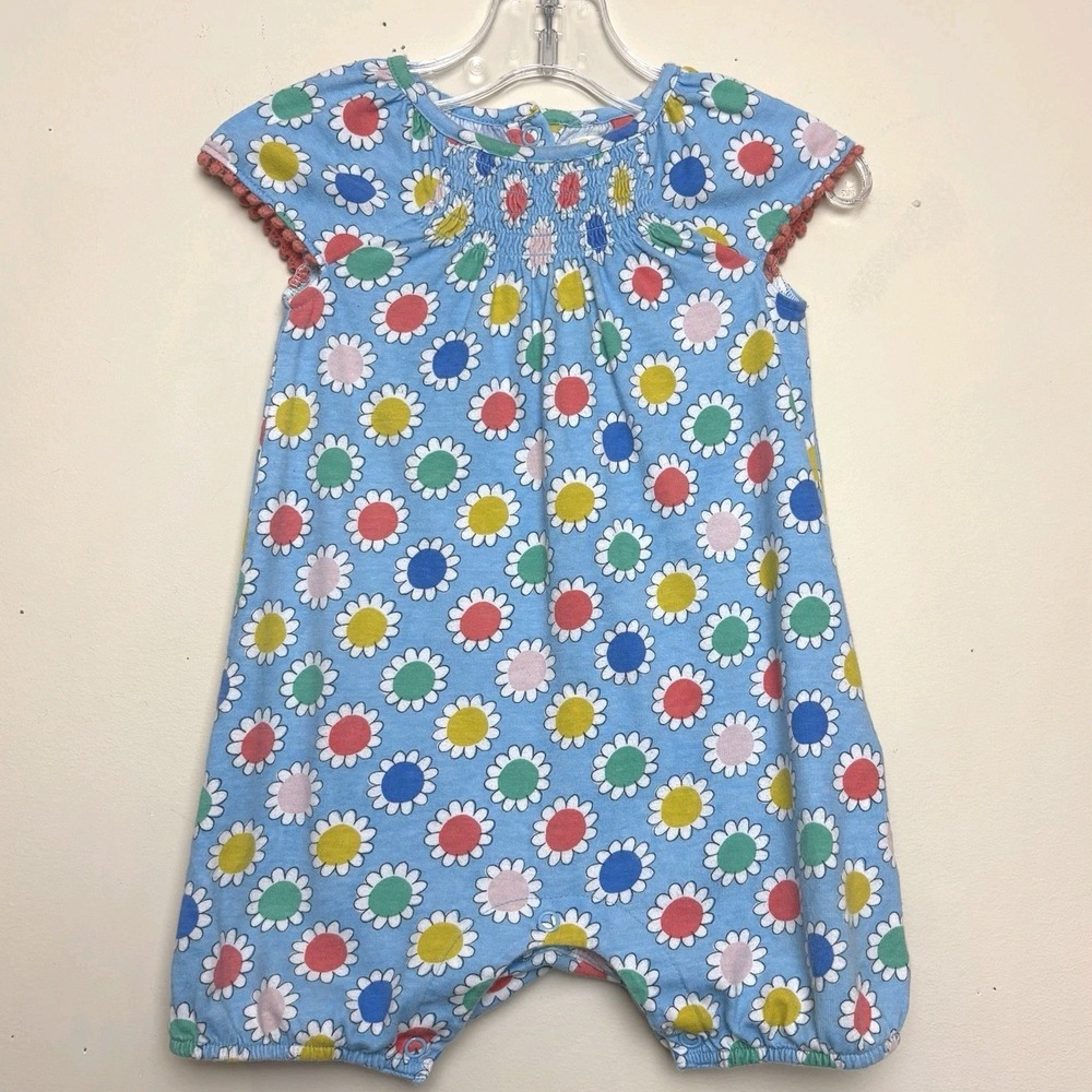 Baby Boden Girls 6-12 Months Blue Flowers Cotton Romper Summer